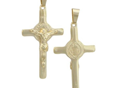 Crucifijo de San Benito en chapa de oro 14K con cadena Hot on Sale