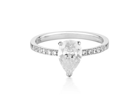 Georgini Gold Pear Cut And Round Brilliant 1.5ctw Moissanite Engagement Ring In 9ct White Gold For Sale