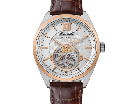 Ingersoll The Shelby Automatic Silver Rose Gold Brown Leather Watch 44mm For Discount