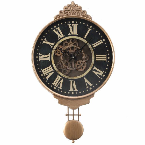 Wild West D40cm Pendulum Moving Cogs Wall Clock - Gold w Black Cheap