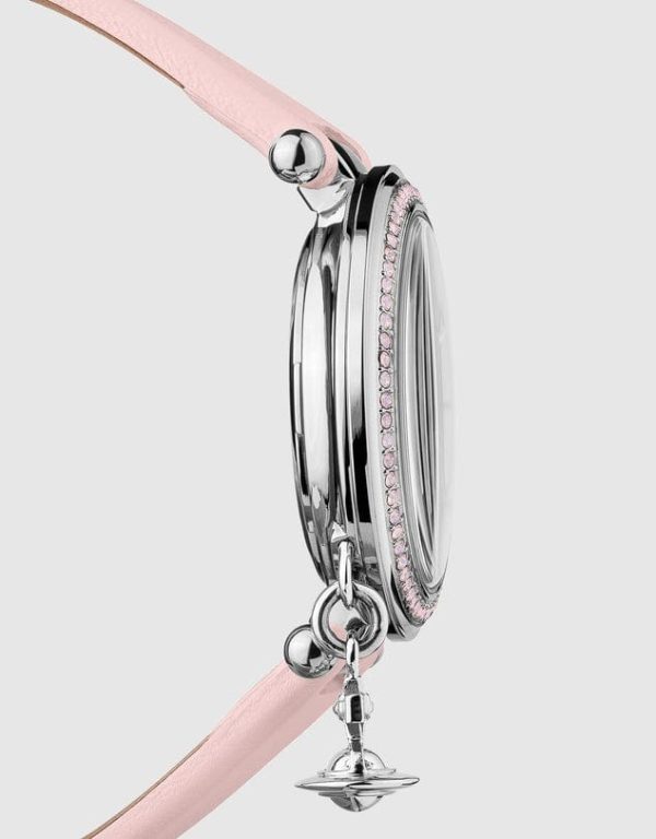 Vivienne Westwood Orb Pastelle Watch Pale Pink Leather Strap Silver Case With Swarovski Charm Online now